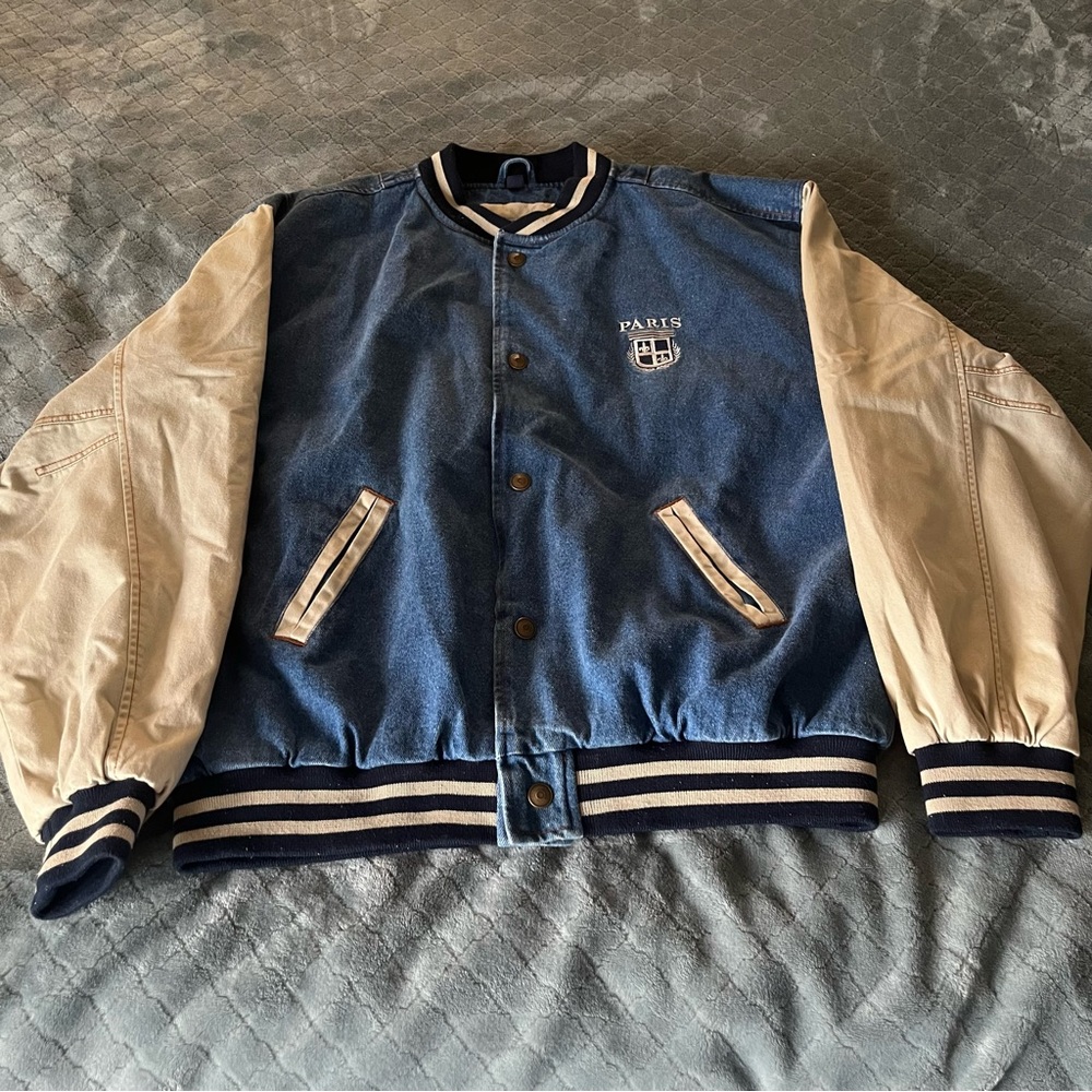 Vintage men's Blue Jean and‎ Cream Varsity Jacket warm Paris made in France